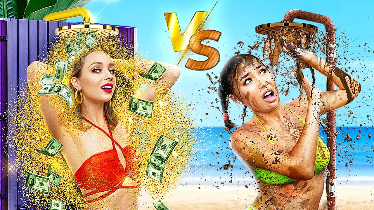 富裕的海滩女王vs 贫穷的海滩女王！时尚的岛上没钱的女孩！