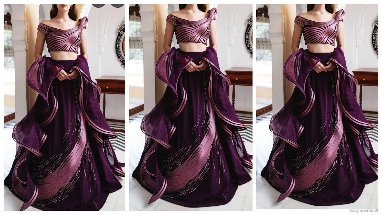 Most beautiful ruffled crop top lehenga design ideas,assymetrical high low skirt blouse with frills