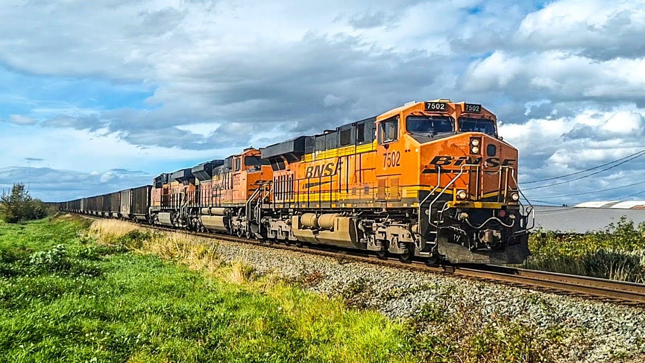Huge BNSF Coal Train Rolls Through Delta British Columbia Canada 