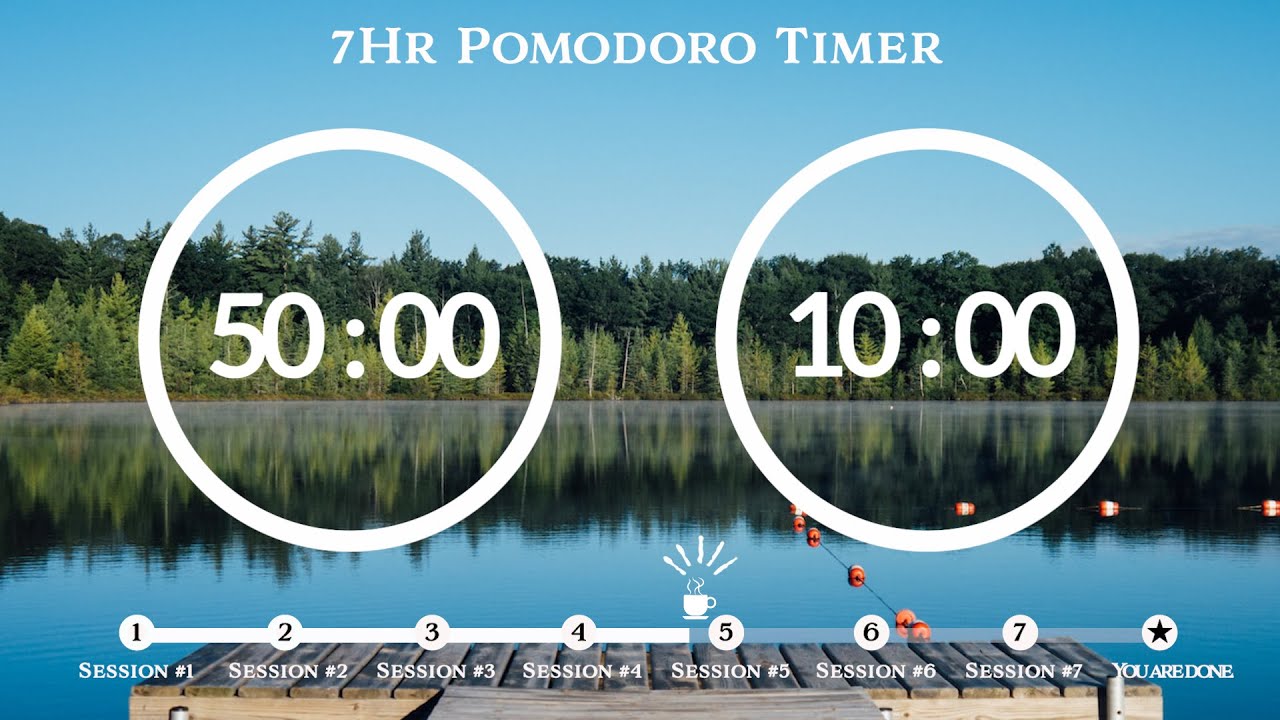50 Minute Pomodoro Timer🌲Lake sound (숲속 호수 ASMR)📚7-Hour Study ⏱Pomodoro 50/10, 50 min x 7 sets