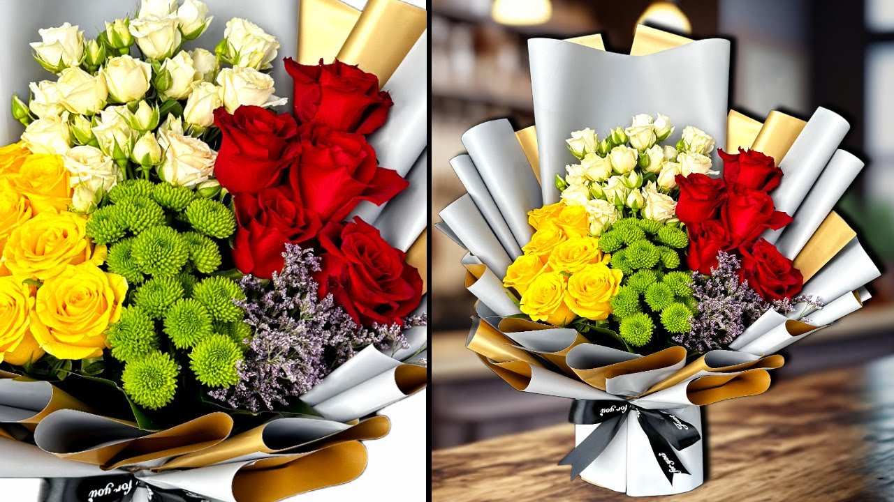 Flower arrangement using floral foam, with flower bouquet wrapping