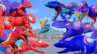 6 BLUE CAPTAIN AMERICA Vs 6 RED & BLUE SPIDER-MAN ! Super Hero Dinosaurs !