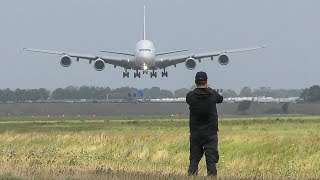 AIRBUS A380 CROSSWIND LANDING + 2 GO AROUNDS during a STORM at Amsterdam (4K)