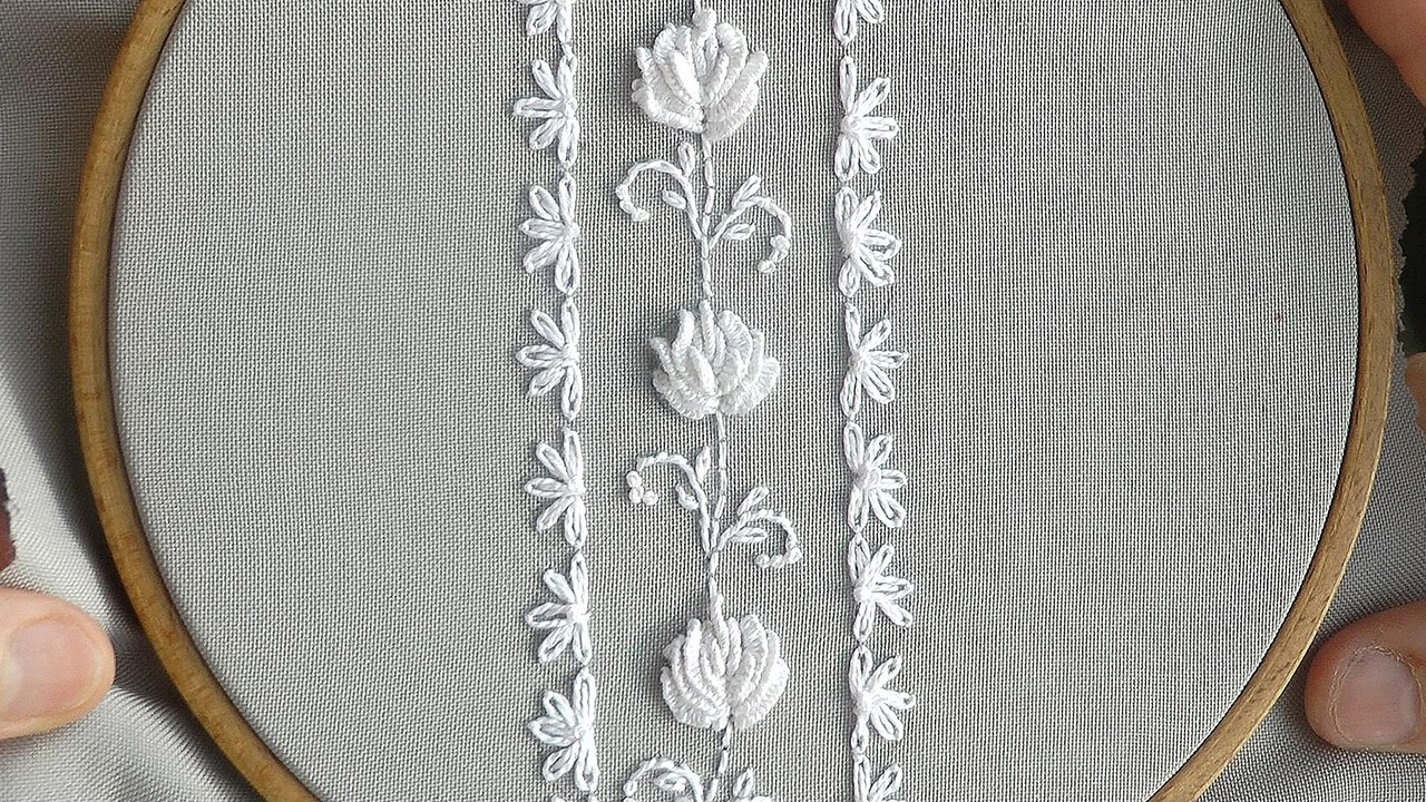 White Embroidery Flower Design Step by Step Fancy Border Stitch Technique