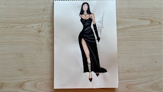 Siyah elbise çizimi moda tasarım çizimleri