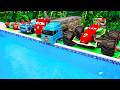 Disney Pixar Cars falling into deep pool, Lightning McQueen, Tow Mater, Mack, Sally, Francesco