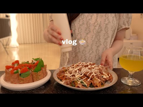 vlog | 삼시세끼 요리하는 집순이 필수템 🍉 🌽 🫧 차돌박이 볶음우동, 날치알 유부초밥 만들고 요즘 푹빠진 고사리 파스타 레시피,