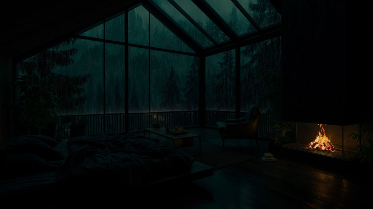 Quiet Forest Rain in a Wooden Dark Cabin (No Ads) | Cozy Fire Ambience at Night for Calm & Restful