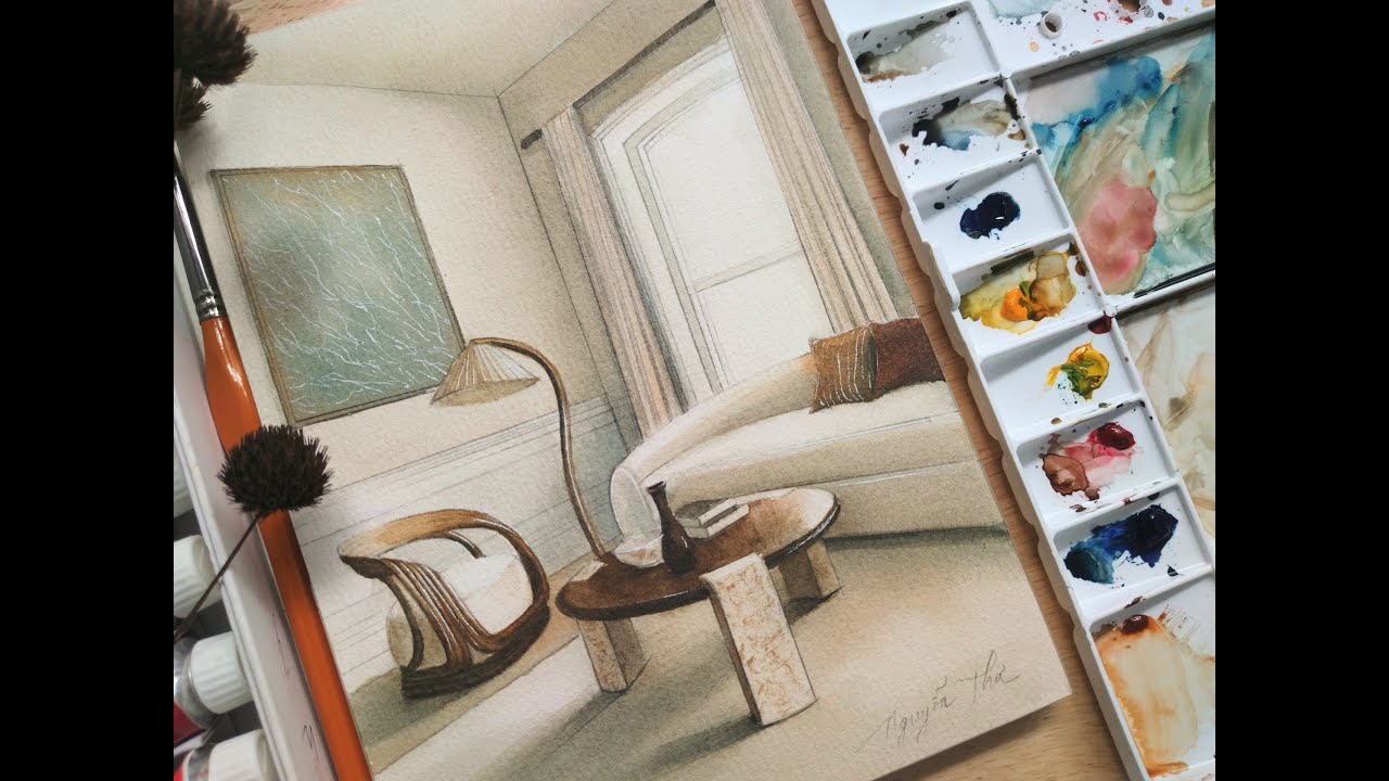 living room  Interior Rendering Watercolor DIỄN HOẠ NỘI THẤT