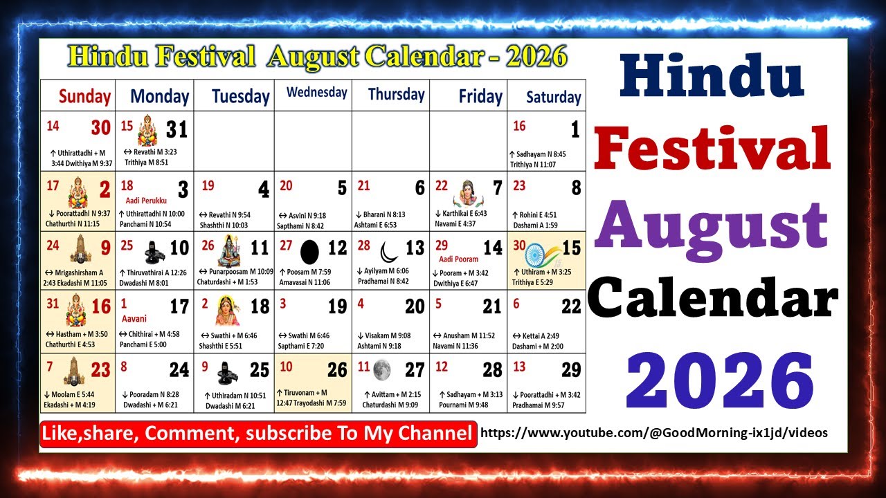 Hindu Festival August Calendar – 2026, Parabhava Aadi ...