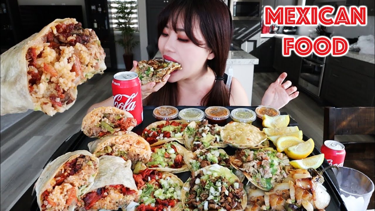 MEXICAN STREET FOOD MUKBANG 먹방 (Carne Asada, Al Pastor, & Carnitas Burrito, Tacos, Mulita, Vampiros)