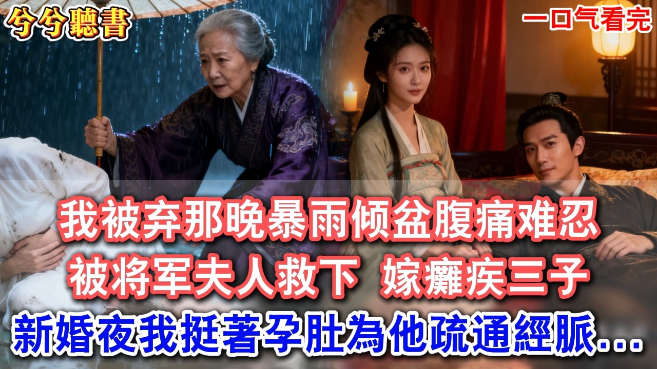我被棄那晚暴雨傾盆腹痛難忍，被將軍夫人救下：我家缺主母。指給我的是那癱疾三子。新婚夜我挺著孕肚為他疏通經脈，次月他在榻邊輕握我手：娘子，我能動了#有聲小說#爽文#小說#古言#完結#愛情#將軍#女頻