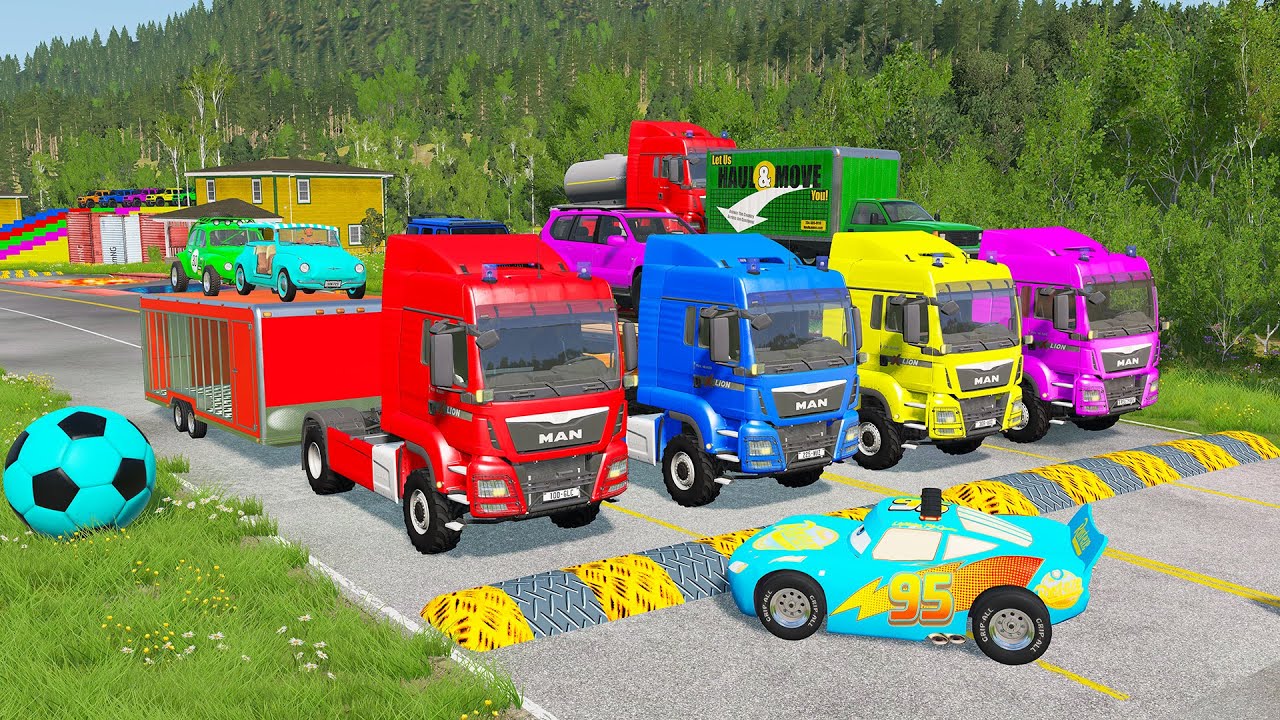 TRANSPORTING PIXAR CARS & FRUITS WITH COLORED & JOHN DEERE vs CLAAS vs TRACTORS - BeamNG.drive #962
