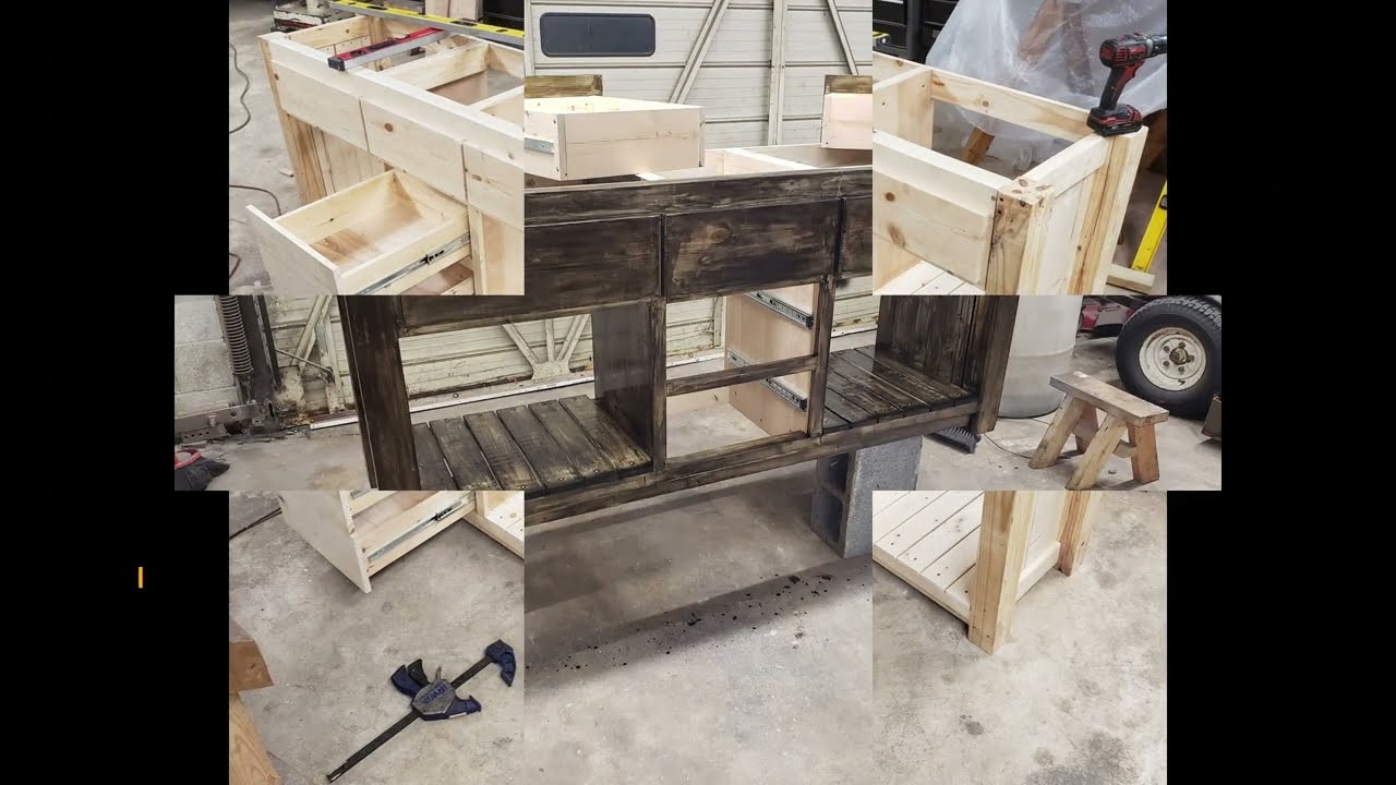 Dual bathroom vanity build with concrete countertops and sliding drawers