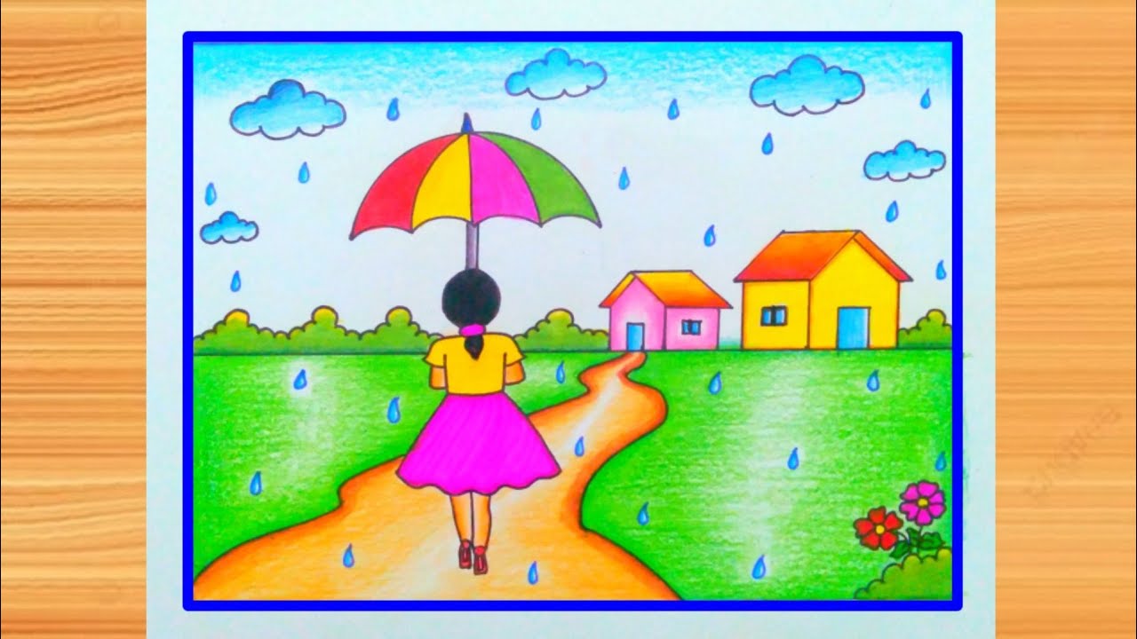 Rainy season drawing / Rainy season / How to draw Rainy day drawing ...