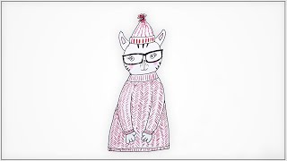 How to draw a cute funny cat in a knitted hat with pompom and sweater,  Design concept for children.
