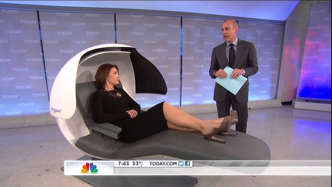 Erica Hill - leg and high heels close-up on recliner chairThe Today Show.