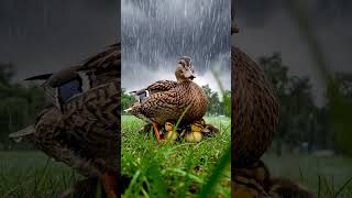 🦆 Mother Duck Shields Her Ducklings From the Rain — Pure Love