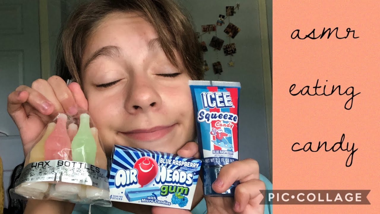 asmr eating candy wax bottles, squeeze candy, and airheads gum 🍬💙