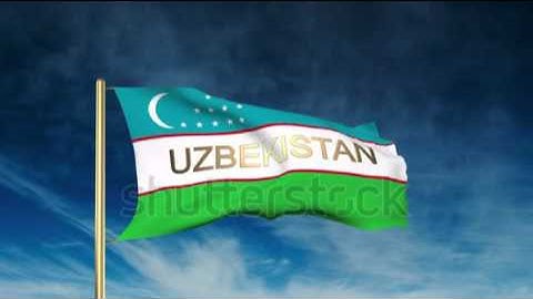 Uzbekistan flag slider style with title. Waving in the wind with cloud background animation Stock