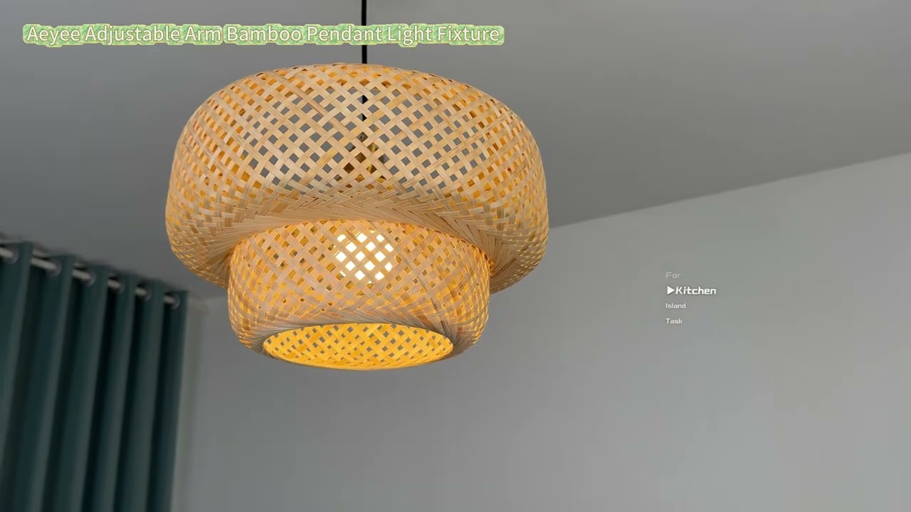 Aeyee Adjustable Arm Bamboo Pendant Light Fixture, Boho Swing Arm Basket Weave for Dining Room
