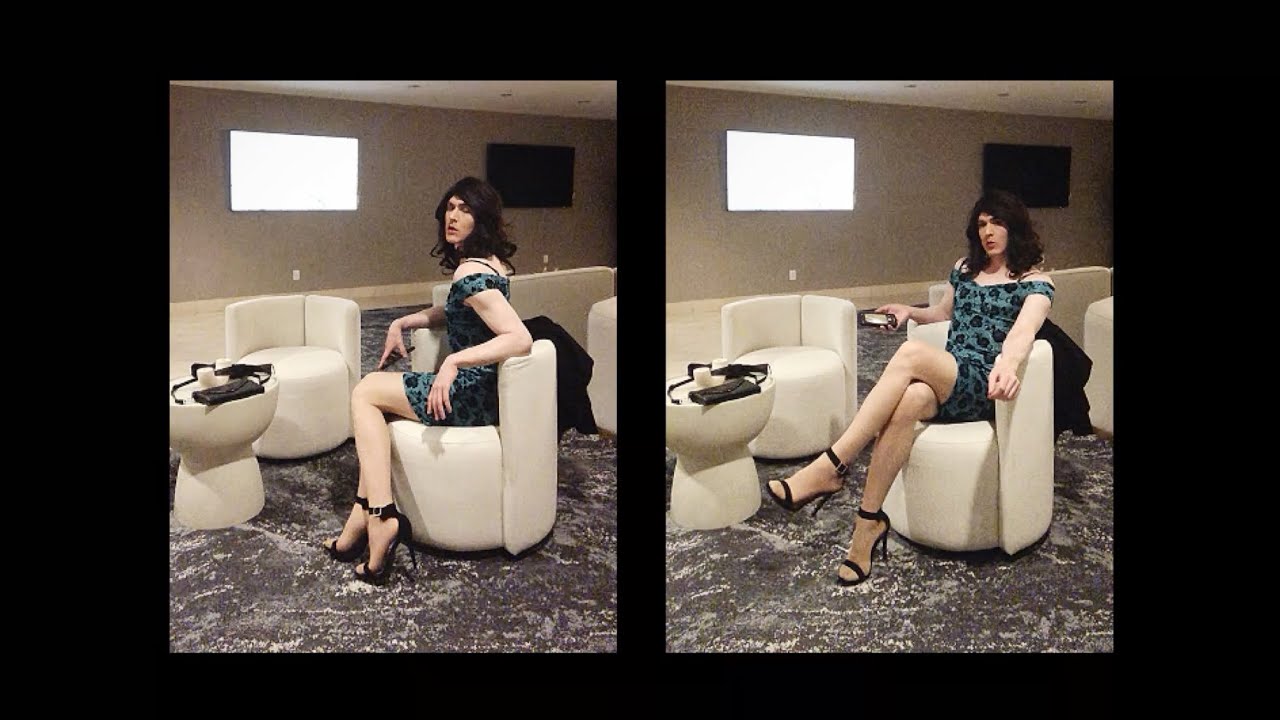 (Salvaged footage) crossdresser in cocktail dress - seated posing practice in the lounge