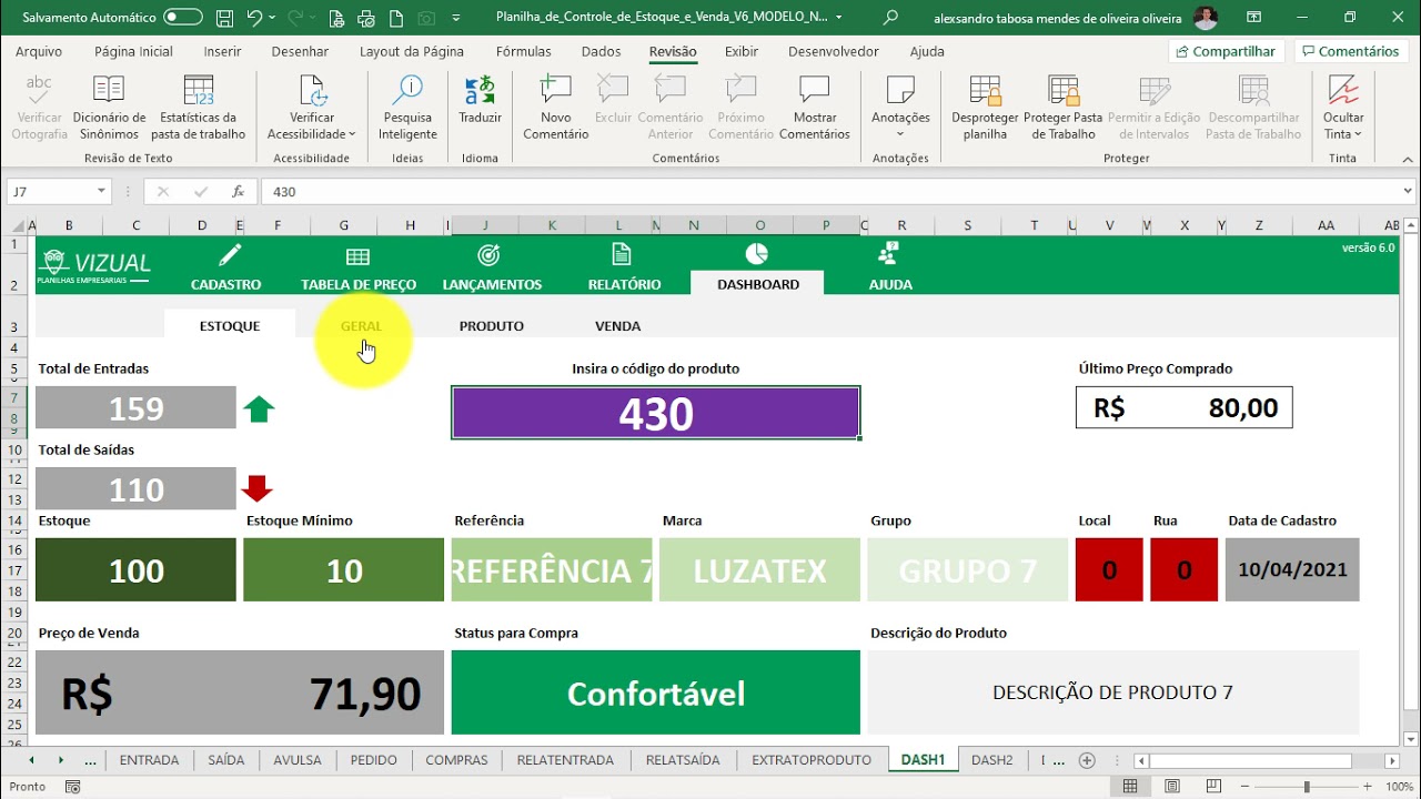 Planilha de Controle de Estoque e Vendas - Dashboard