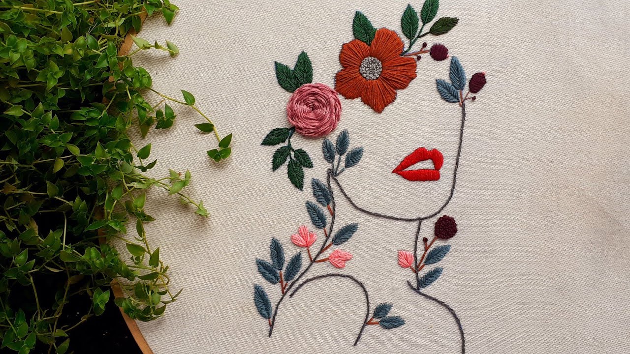  Hand embroidery face pdf pattern lady with flowers YouTube