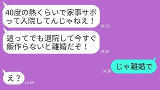 【LINE】40度の熱で緊急搬送されて入院中の妻にキレて家事を強要する自己中夫「今すぐ退院して飯つくれ！」→我慢の限界の嫁がクズ夫にある事実を伝えた時の反応がwww