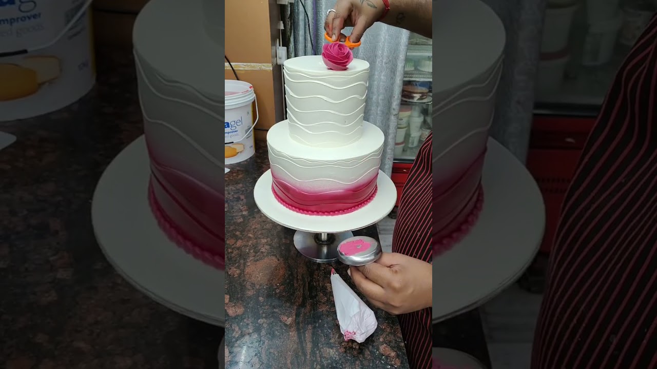 Two Tier Pink Rose Cake with White Wave Design | Perfect for Anniversary & Wedding Celebrations