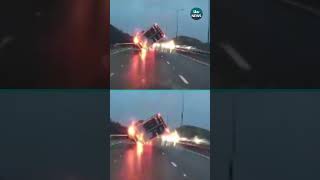 Lorry blown over and across motorway #itvnews #news #weather