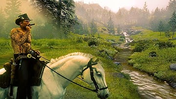 RDR2 VISUAL REDEMPTION RESHADE MODS RELAXING RAINY RIVER HORSE RIDING | 4K ULTRA GRAPHICS