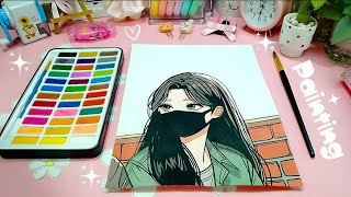 Painting an Anime Girl with a Mask 🖤 | Watercolor Art | Mysterious Vibes ✨ #art #anime #painting screenshot 3