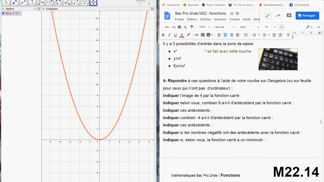 Images et antécédents par la fonction carré sur Geogebra