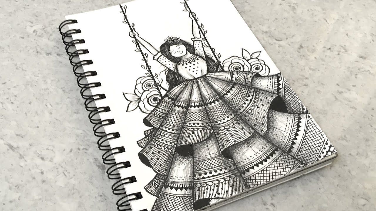 Beautiful Cute Girl Swinging Mandala Drawing