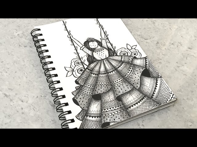 Beautiful Cute Girl Swinging Mandala Drawing