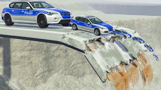 Big & Small Police Cars vs Broken Bridge HELO77 - BeamNG OMDs