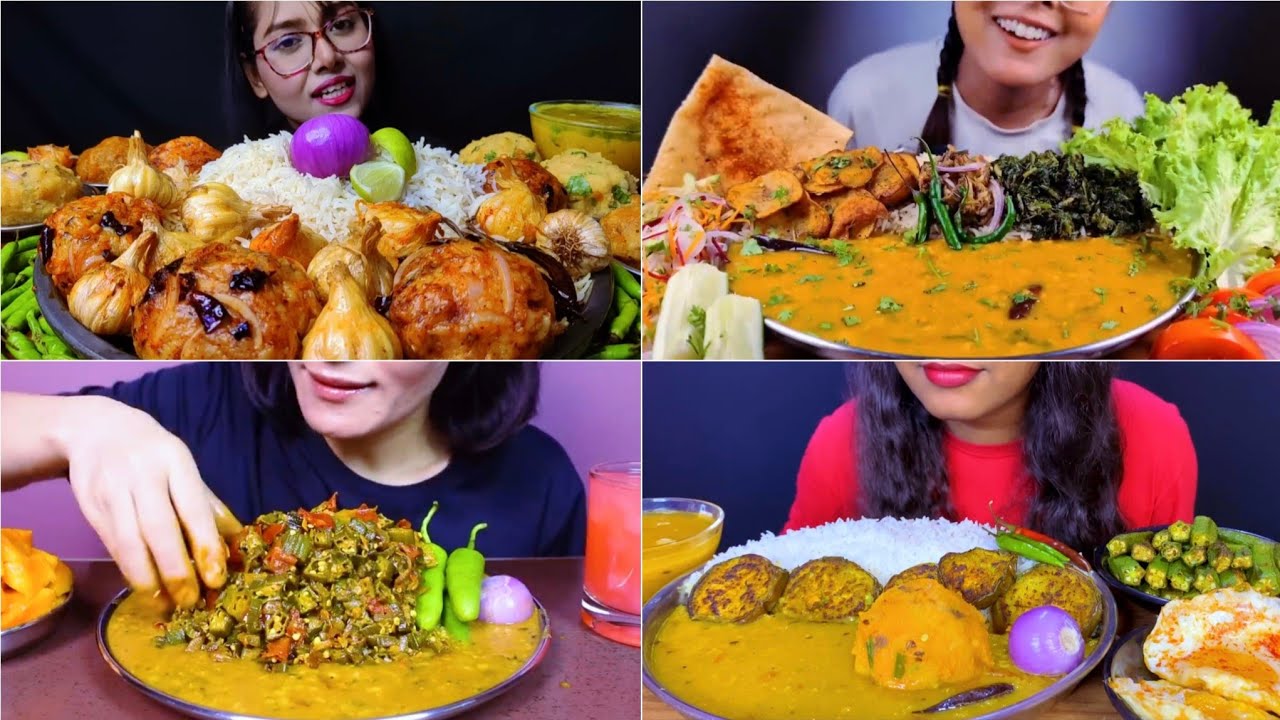 ASMR ❤️ Eating Spicy 🔥Aloo Bharta Garlic Bharta Dal Rice Saag Bhaji Begun Bhaja Bhindi Masala Fry 😋