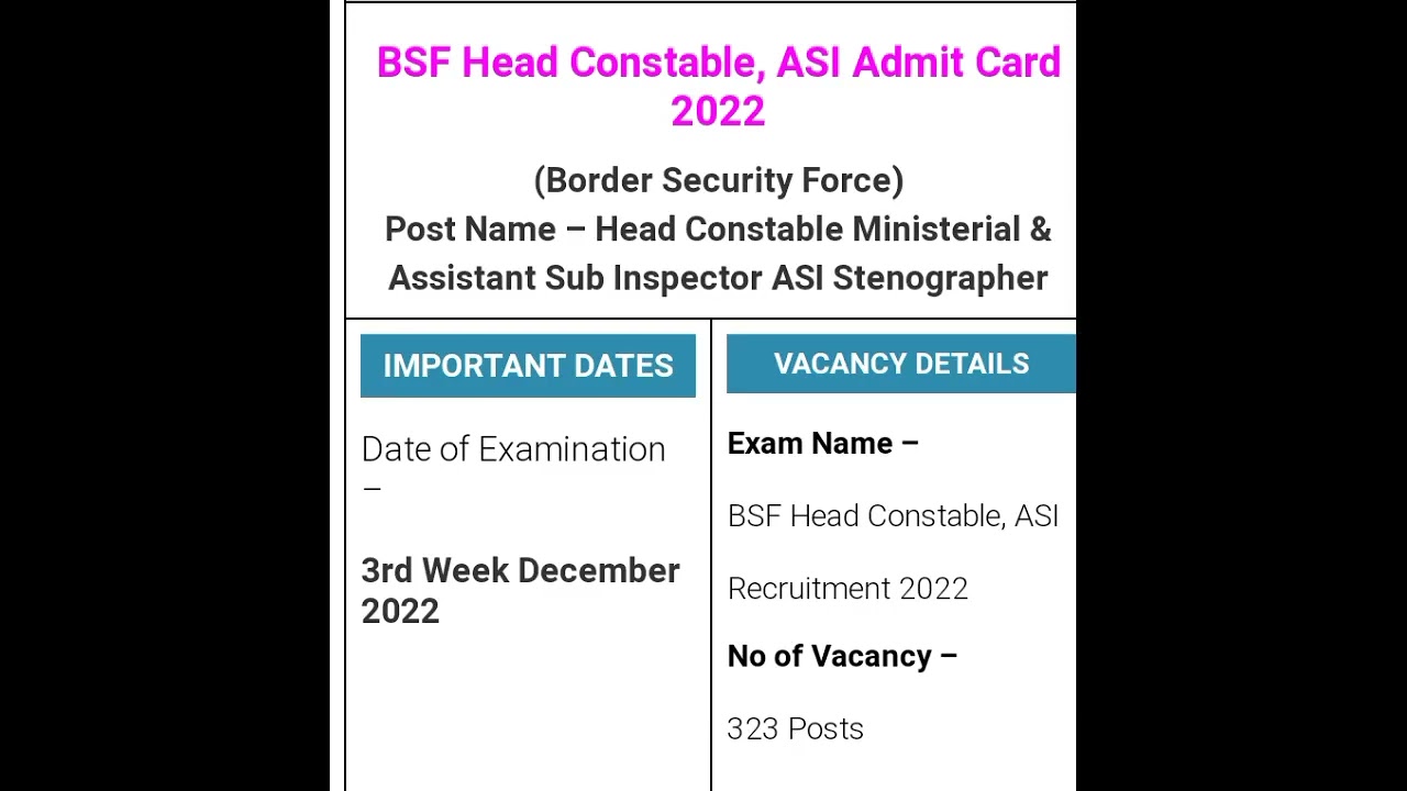 BSF Head Constable, ASI Admit Card 2022. 