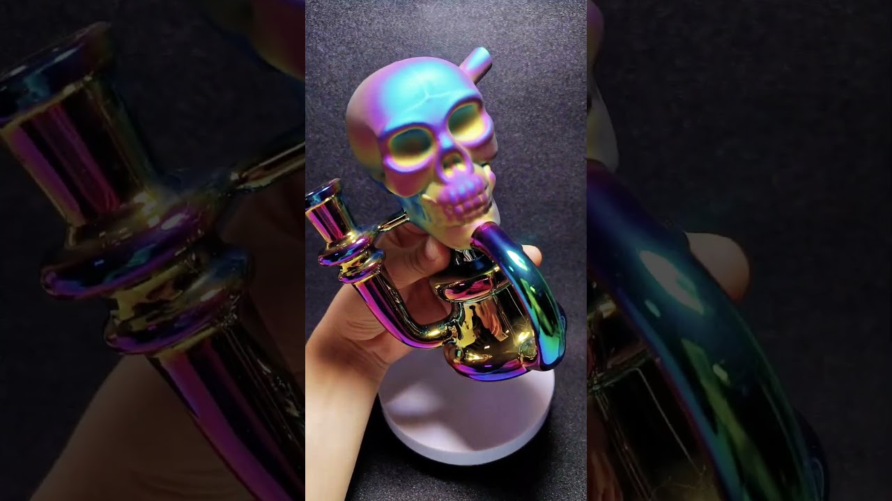 6 5″ Iridescent Skull Glass Bong  Recycler Dab Rig