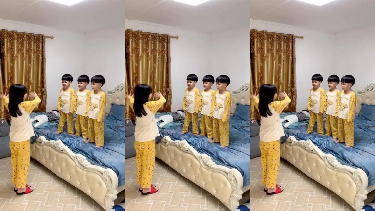 相差7岁的姐弟，最近喜欢玩这个，姐姐苦练降龙十八掌🤲运功到位，三胞胎弟弟配合默契☺️