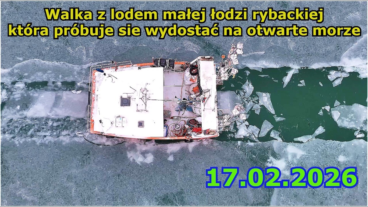 Walka z lodem łodzi rybackiej która próbuje się wydostać z Portu na otwarte Morze -17.02.2026