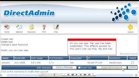 Suspending a user in Direct Admin