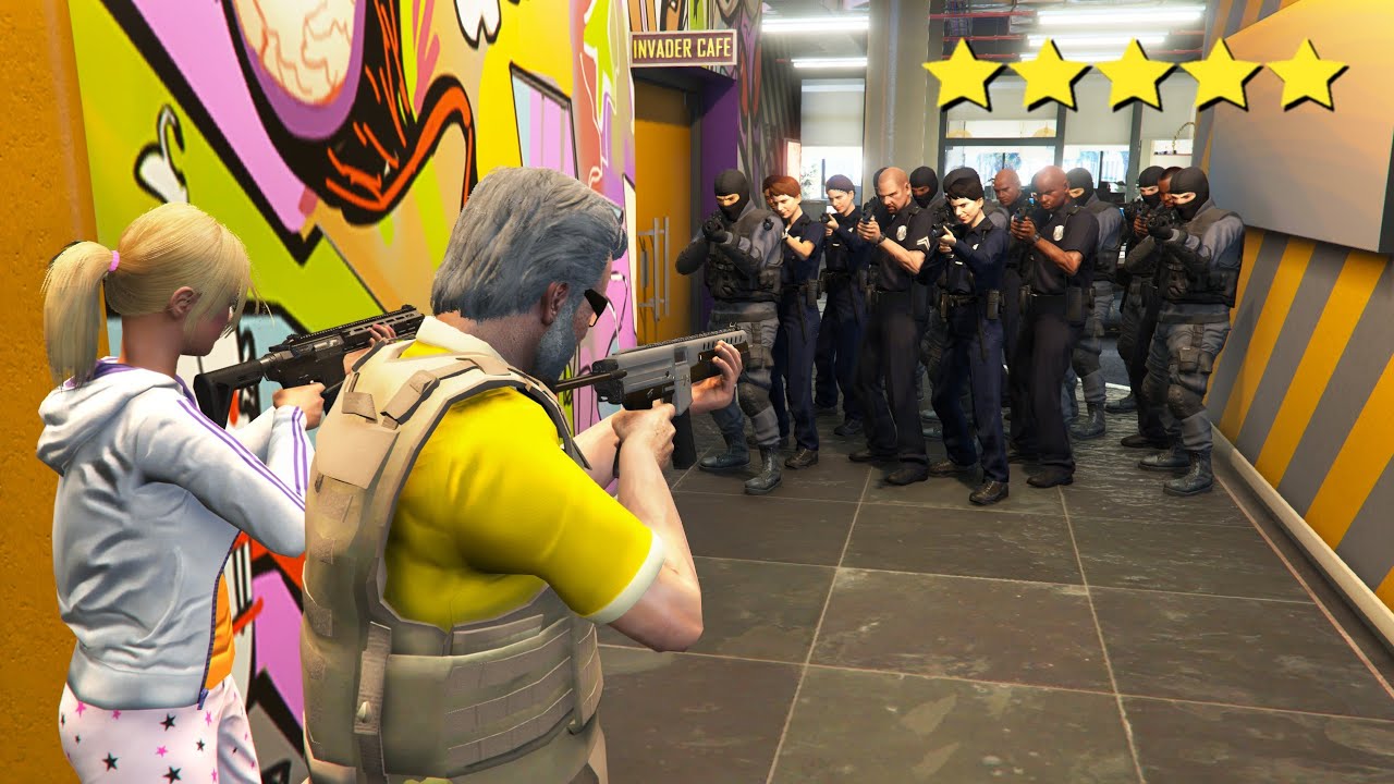 Gta battle. SWAT Michael GTA 5. Битва в ГТА. Битва ГТА полицией. ГТА 5 пять звезд.