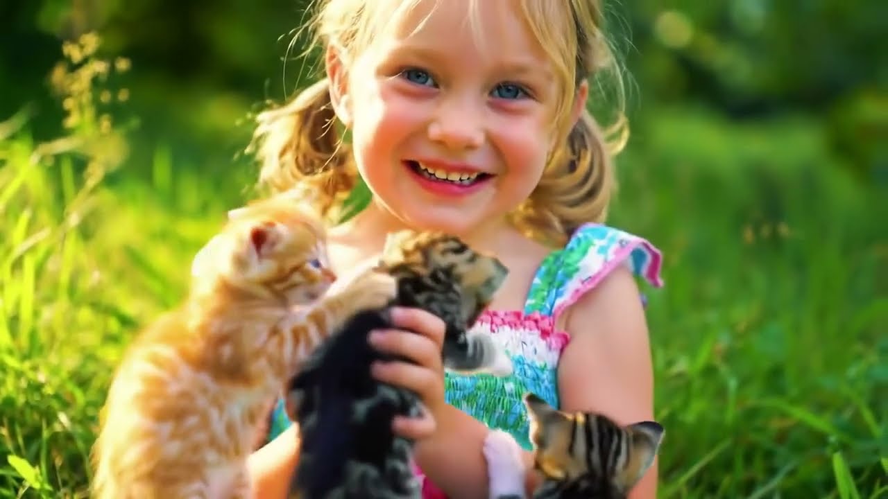 kitten playing with happy kid 