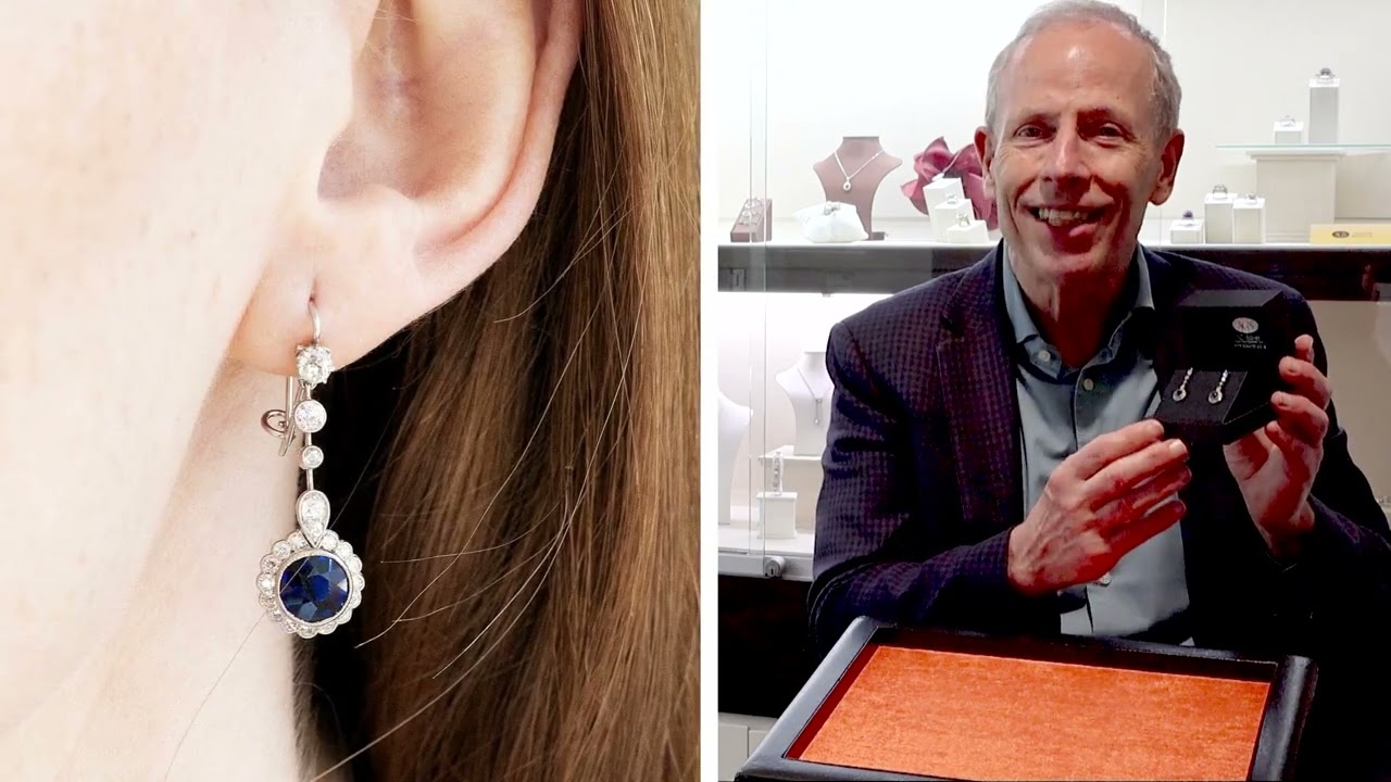 2.60ct Basaltic Sapphire and 1.32ct Diamond, Platinum Drop Earrings - Antique Circa 1920 - C9772