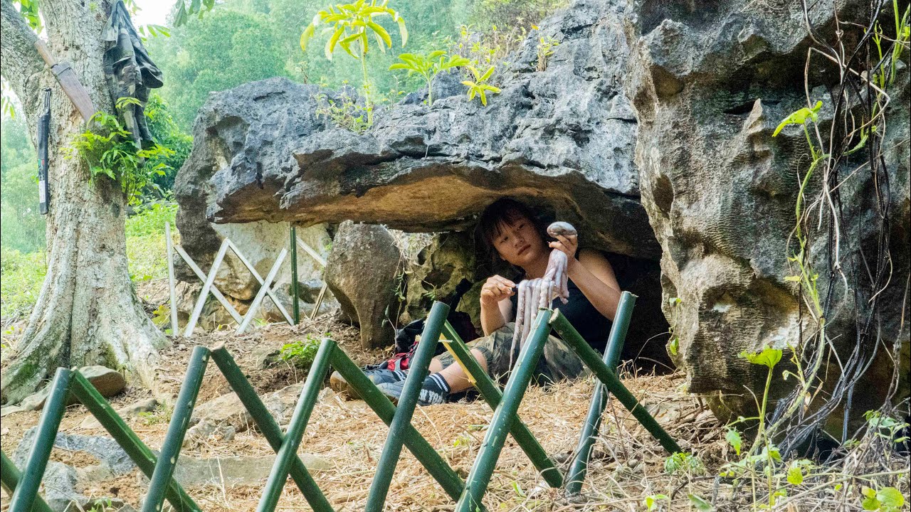 ⁣Solo Bushcraft - Shelter under a strange rock, Watching the full moon on the mountain