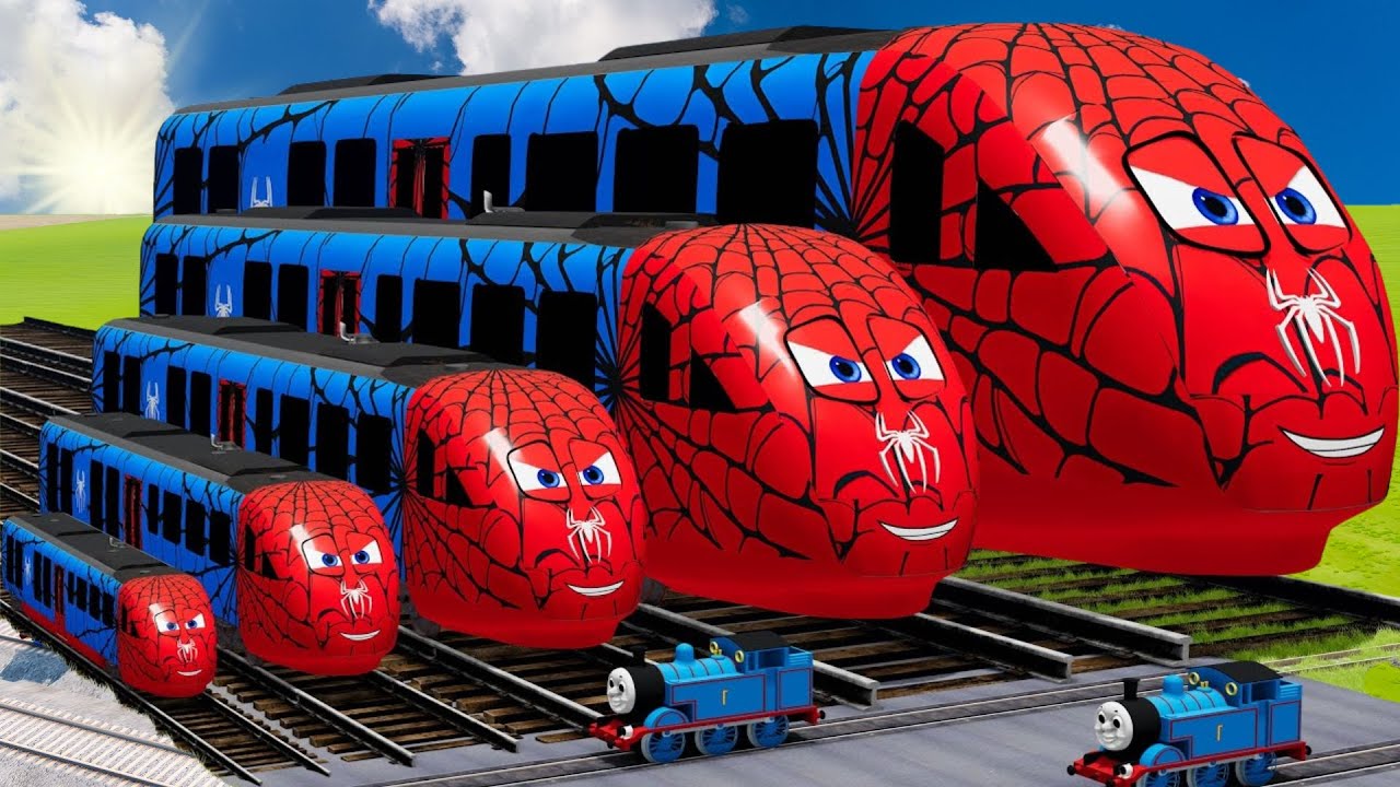 Big & Small Bus Spiderman vs Train Thomas  BeamNG Drive