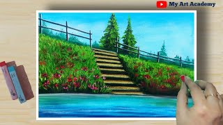 Soft Pastel Drawing - How to Draw Realistic Riverside Beautiful Landscape (step by step) beginners. screenshot 5