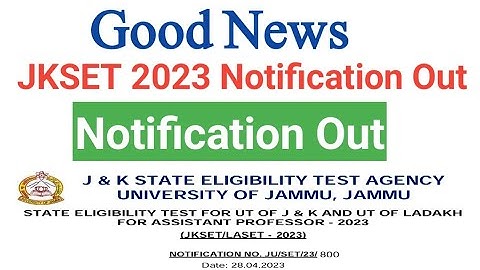 Good News | JKSET 2023 | Notification Out | Jk State Eligibility Test 2023 Notification Out